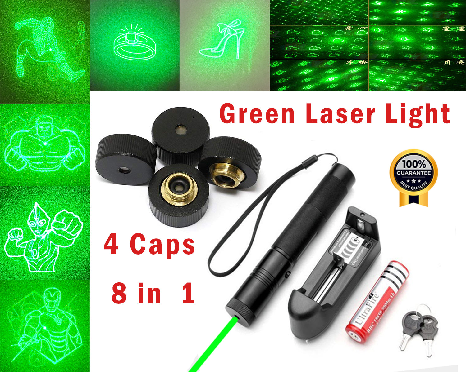 Green Laser Pointer 8 in 1  Four Caps Different Pattern Light Rechargeable Laser For Teaching astronomy Pets training Classroom and Business Presentations