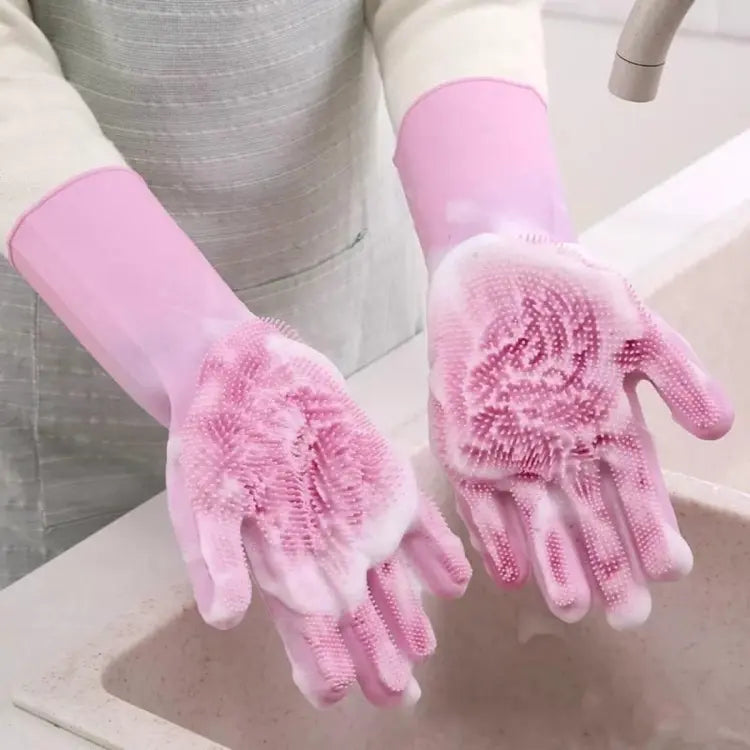 Reusable Silicone Gloves with Wash Scrubber, Heat Resistant, for Cleaning, Household, Dish Washing, Washing the Car