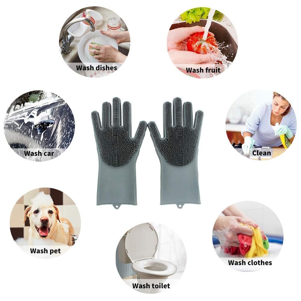 Reusable Silicone Gloves with Wash Scrubber, Heat Resistant, for Cleaning, Household, Dish Washing, Washing the Car
