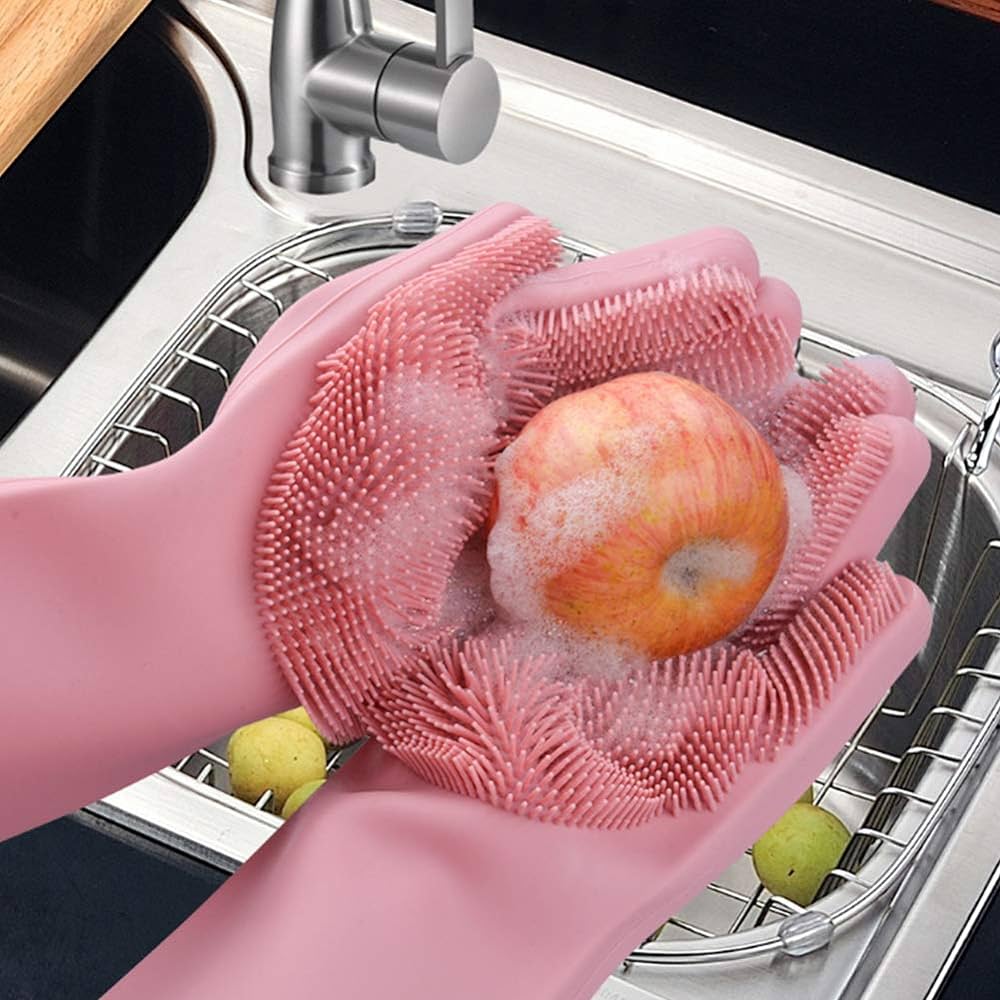Reusable Silicone Gloves with Wash Scrubber, Heat Resistant, for Cleaning, Household, Dish Washing, Washing the Car