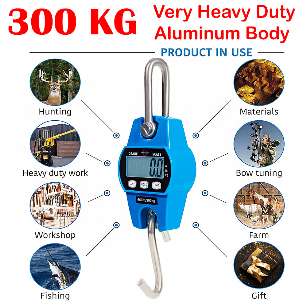 Duty Industry use with Cast Aluminum Case Metal Frame 300Kg Crane Scale with LCD Display Have  Handheld with Hook Battery-Powered for Camping, Gardening, Outdoor Use, Garden Weightlifting