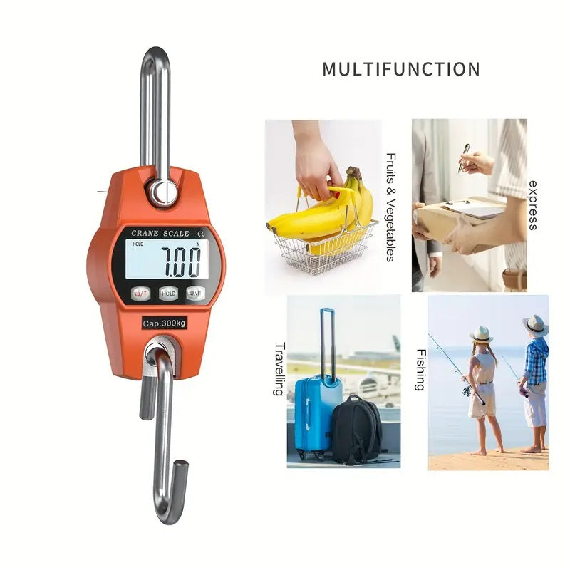 Duty Industry use with Cast Aluminum Case Metal Frame 300Kg Crane Scale with LCD Display Have  Handheld with Hook Battery-Powered for Camping, Gardening, Outdoor Use, Garden Weightlifting