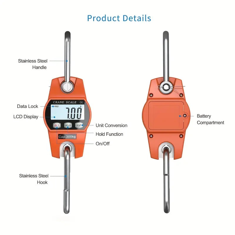 Duty Industry use with Cast Aluminum Case Metal Frame 300Kg Crane Scale with LCD Display Have  Handheld with Hook Battery-Powered for Camping, Gardening, Outdoor Use, Garden Weightlifting