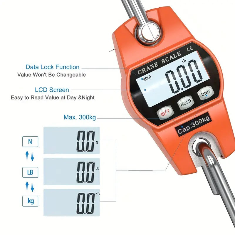 Duty Industry use with Cast Aluminum Case Metal Frame 300Kg Crane Scale with LCD Display Have  Handheld with Hook Battery-Powered for Camping, Gardening, Outdoor Use, Garden Weightlifting